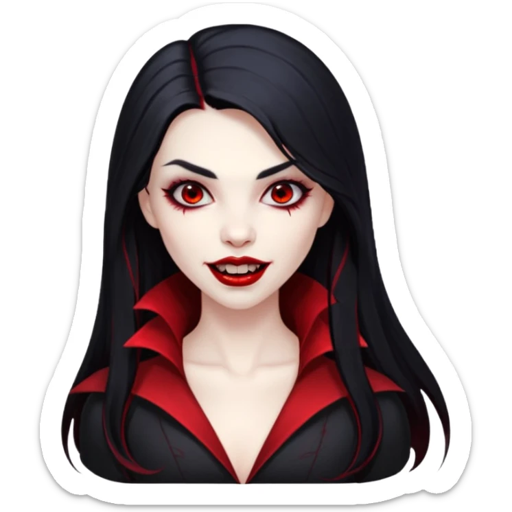 Beautiful vampire woman with long black  hair and red highlights showing fangs  sticker