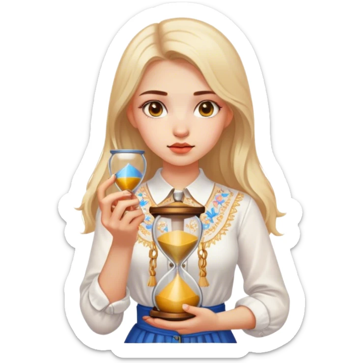 A Ukrainian girl in a white embroidered shirt holds an hourglass in her hands sticker