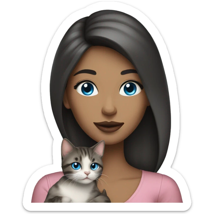 Woman with dark long hair, pink lips and blue eyes holding a tabby cat  sticker