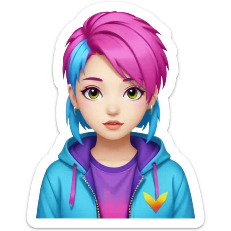 portrait of young woman idol in Kpop style, wearing flashy streetwear outfit, colorful dyed hair sticker