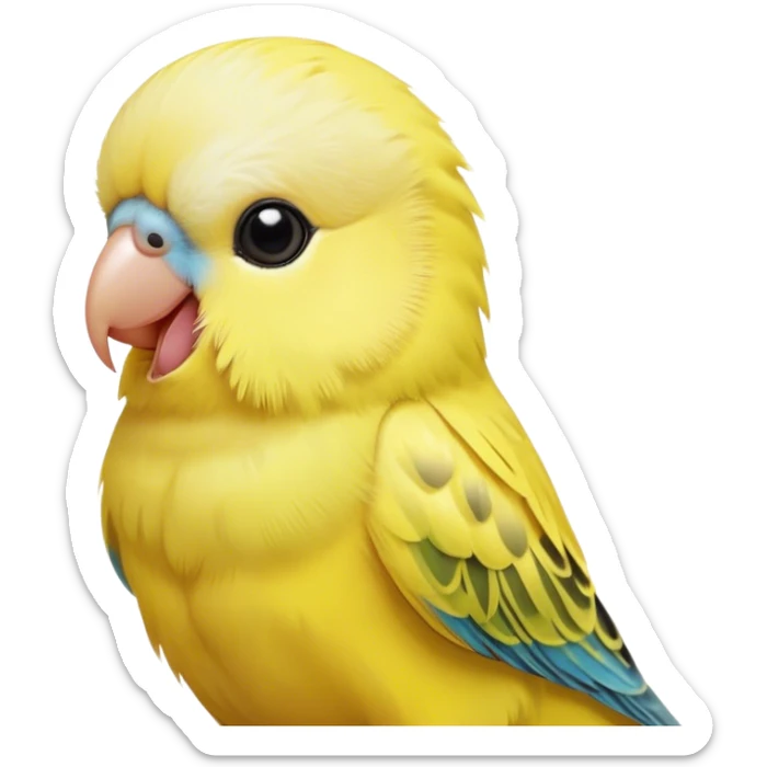 Cinematic Cute Yellow Budgie Portrait Emoji, Head tilted playfully and inquisitively, featuring a radiant yellow feathered fur with a natural sheen, round, sparkling dark eyes filled with curiosity, Simplified yet irresistibly adorable features, highly detailed, glowing with a warm, friendly glow, high shine, affectionate and lively, stylized with a touch of whimsy, bright and endearing, soft glowing outline, capturing the essence of a mischievous yet loving budgie, so playful it feels like it could chirp out of the screen and into your arms! sticker