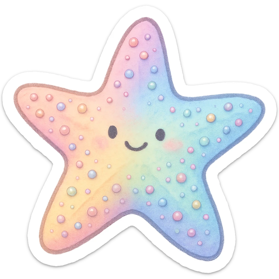 illustrated sea star, pastel rainbow, bedazzled, soft shading, cute but not photorealistic, no background sticker