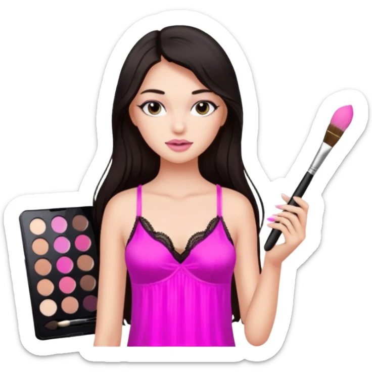 Dark long hair girl wearing pink victorias secret sleepwear that looks like a tank top with lace is holding a normal makeup brush. sticker