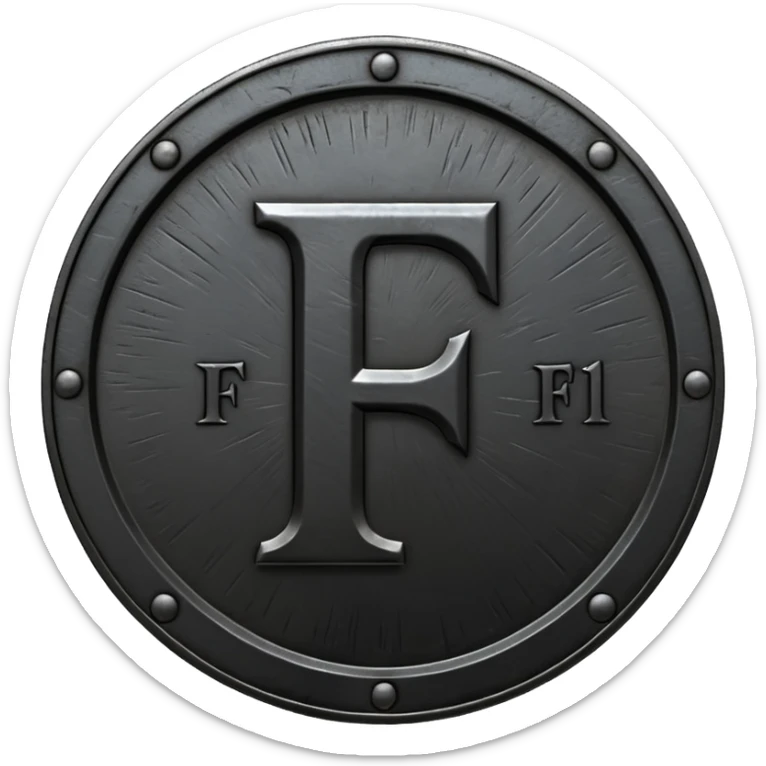 Minimal emoji, gothic metal coin made of black steel, engraved number f at the center, ancient industrial aesthetic, worn metal texture, no glow, no neon, flat emoji design, centered, transparent background sticker