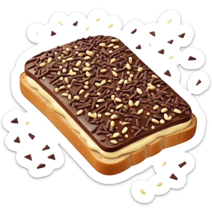 Hagelslag Cinematic Realistic Hagelslag Treat Emoji, depicted as crunchy chocolate sprinkles scattered on a slice of buttered bread, rendered with vivid textures and playful, inviting lighting. sticker