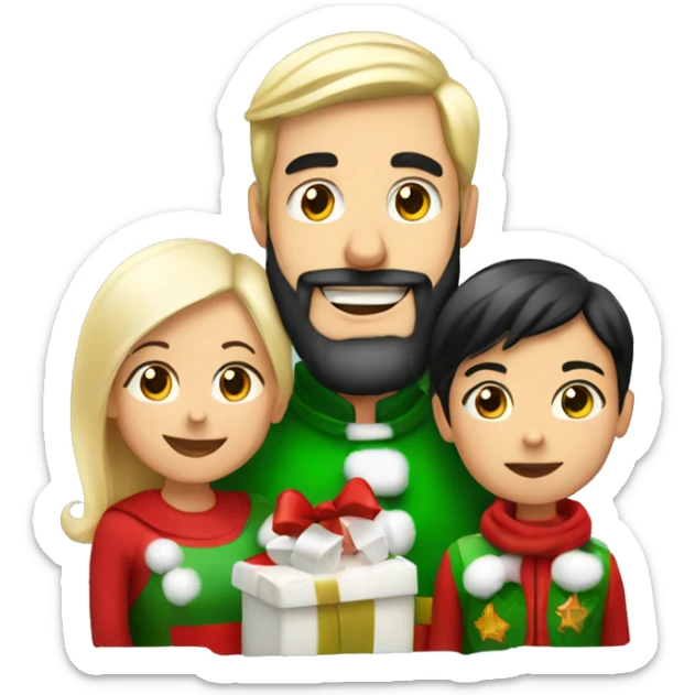 Mom with black hair, dad with blonde beard and 2 years old kid saying Merry christmas sticker