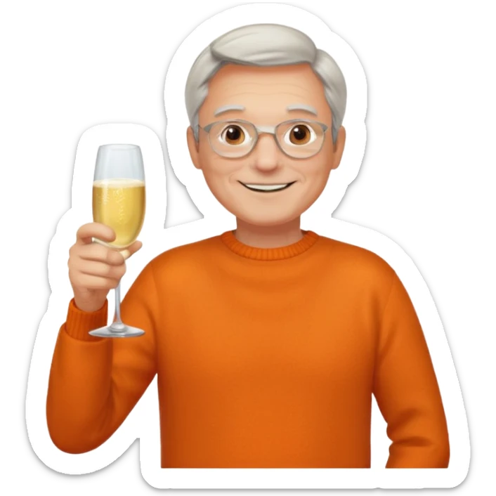 a happy, vibrant healthy man 60ish with a glass of champagne wearing an orange sweater sticker