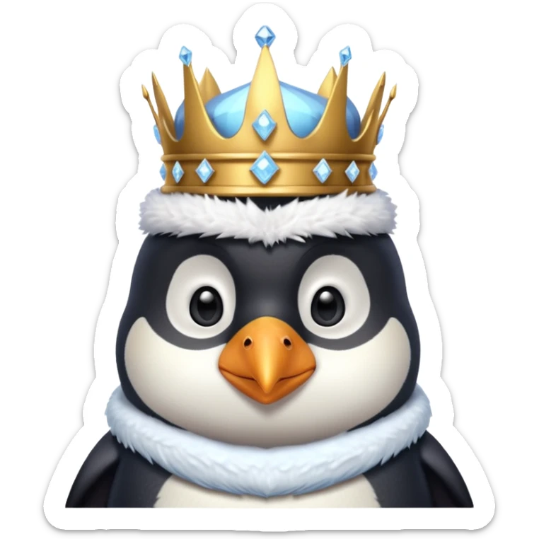 penguin king portrait, head and shoulders only, icy crystal crown, royal fur collar, cute serious expression, winter fantasy vibe, 3D cartoon, mobile game icon style, clean background, no text, no watermark
 sticker