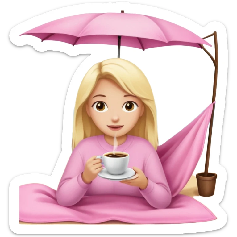 Una chica rubia envuelta en una manta con un café de color rosa pastel  sticker