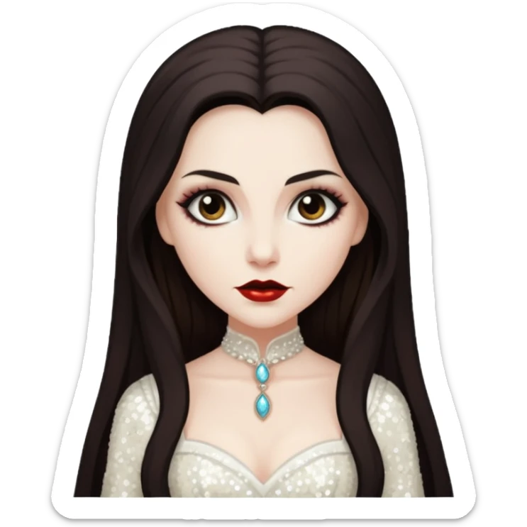 Bride of Dracula with long dark brown hair, ivory sequin outfit sticker