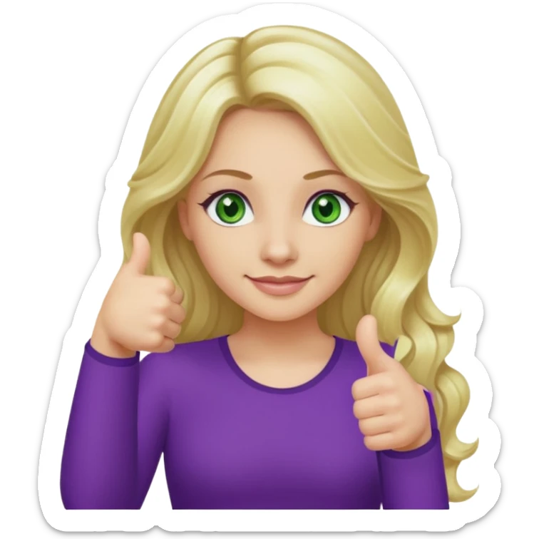 lady with long wavy blonde hair, purple top, green eyes, one thumb up sticker