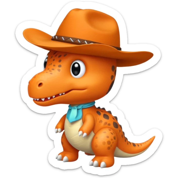 A emoji of a small dino plushie that's orange with a cowboy hat sticker