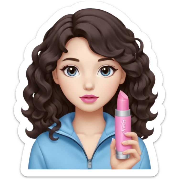 A girl with soft loose wavy curls (not tight), dark brown hair with natural volume, round-almond Douyin-style eyes with long curled lashes, cool-tone neutral makeup. She’s wearing a light-blue athletic outfit and holding a normal-size pink lipstick in one hand.. sticker