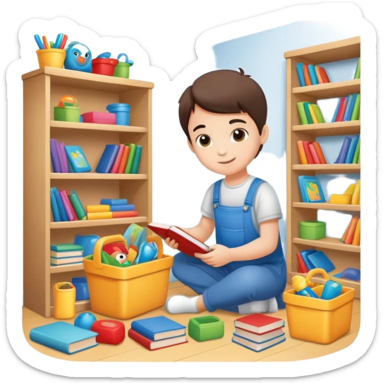 child tidying up their room, putting toys and books away, cheerful and organized sticker
