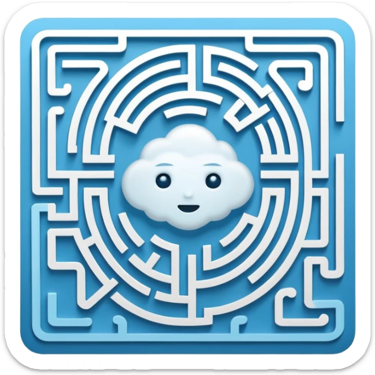 An icon of a face-down card. The card's back features a minimalist labyrinth/maze pattern in light blue on a dark blue background. The maze paths subtly connect to form the shape of a cloud in the center. Simple, geometric, for a small app icon. sticker