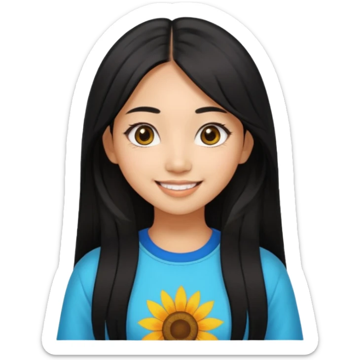 20 yr old asian woman hair trendy clothes center part big eyes big smile tanned skin straight black hair hippie part hair  sticker