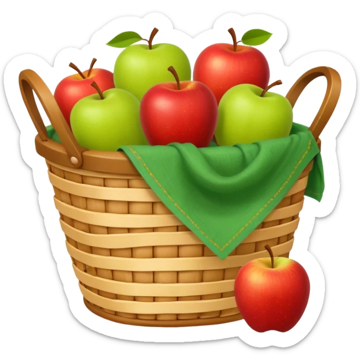 woven basket with apples and cloth on a white wooden chair, yellow sticker