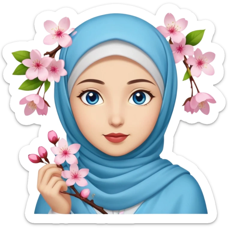 Turkish beautiful finish Konya girl blue eyes with hijab islamic dress and had on her hand cherry blossom sticker