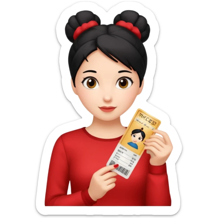 A girl with a bun of black hair, wearing a red long-sleeved shirt and holding theater tickets sticker