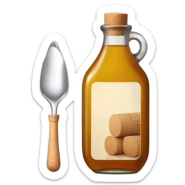 bottle of vinegar with the cork and a nozzle; spoon is laying neat the bottle sticker