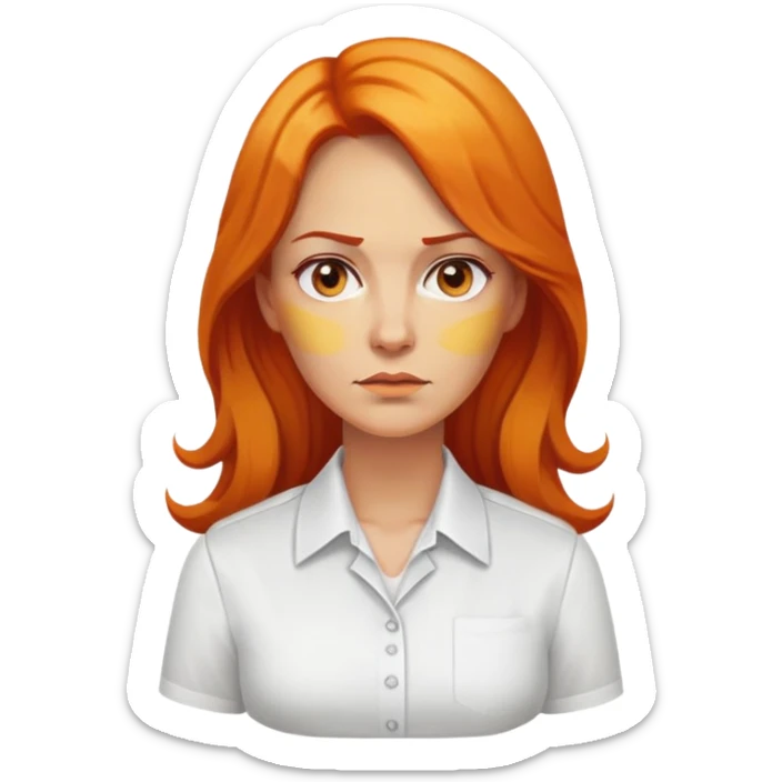 nữ 40 tuổi, da vàng, tóc dài hơi xoăn nhẹ màu cam, mặt nghiêm túc, áo trắng ko có cổ sticker