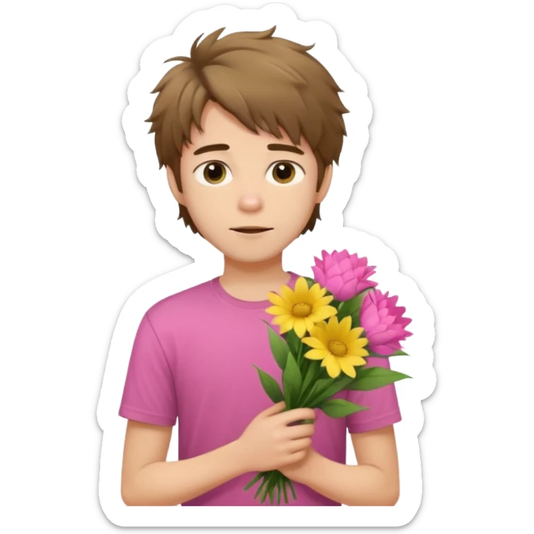 generate an ios genmoji of a 20 year old fair boy with brown long and messy hair with stubble on cheeks. carrying a pink flower bouquet, wearing a yellow tshirt, looking shy sticker