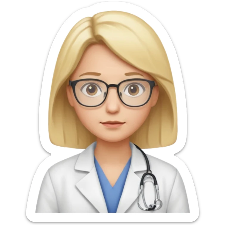 This is a cartoon-style avatar of a doctor with blond hair, glasses, and a neutral expression sticker