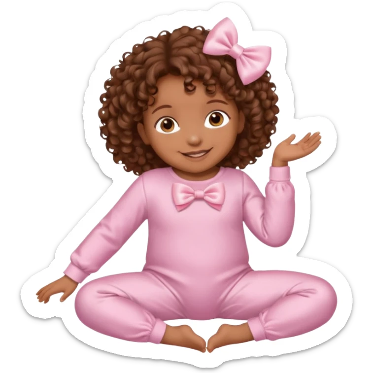 Brown skin baby with brown curly hair down laying down with satin baby pink onesie and white bow sticker