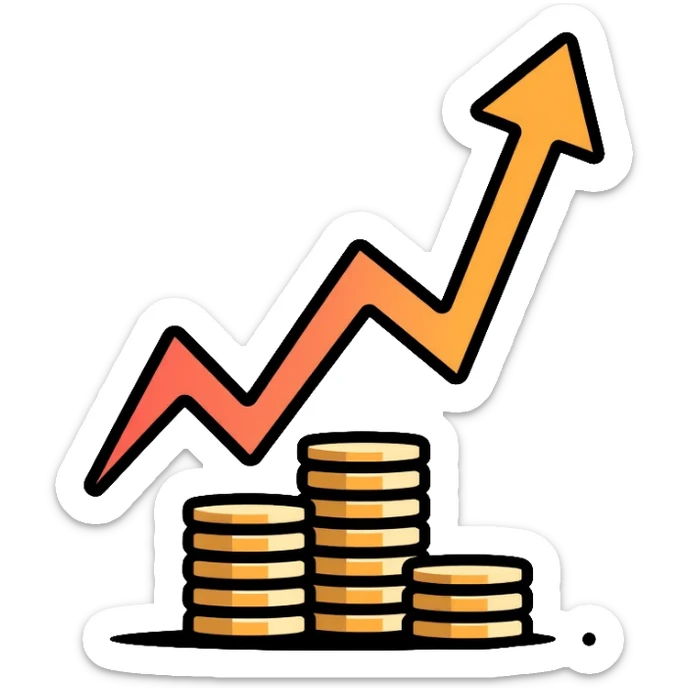upward arrow beside a small stack of gold coins, beauty business financial growth symbol sticker