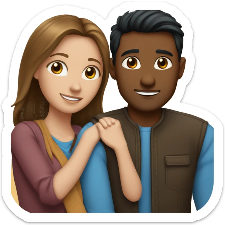 Couple embracing with arms around each other; white woman with blue eyes and brown hair, Indian man with black hair  sticker