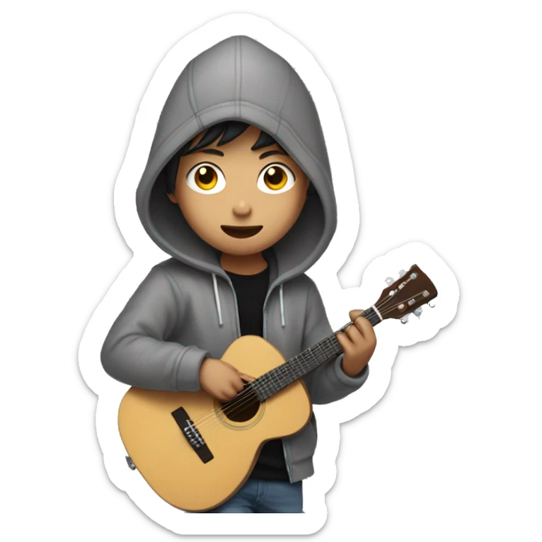 korean boy in unbuttoned grey hoodie jacket playing guitar with black t shirt inside sticker