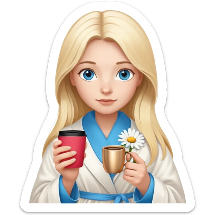 girl
blue eyes
long blond hair with daisy in it
wearing housecoat
holding a mug of coffee
wearing rose gold apple watch  sticker