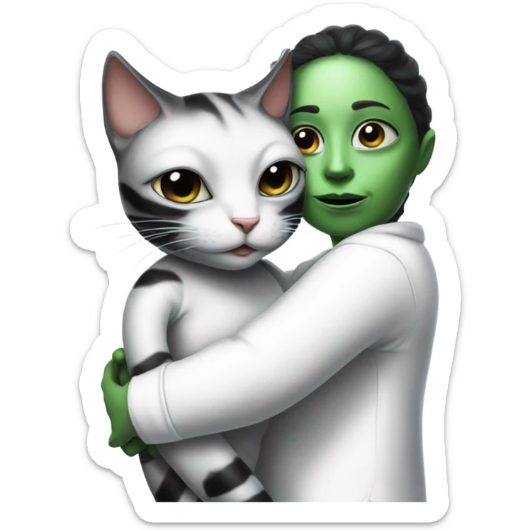 Reptilian alien woman meditation in white pajamas, hugs a black white cat sticker