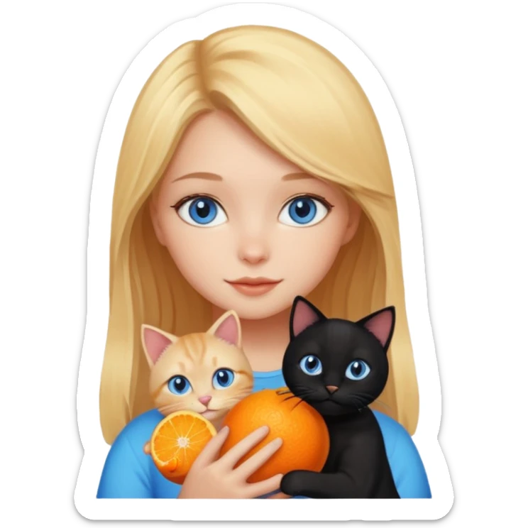 Cute blonde girl with blue eyes holding an orange cat and a black cat sticker
