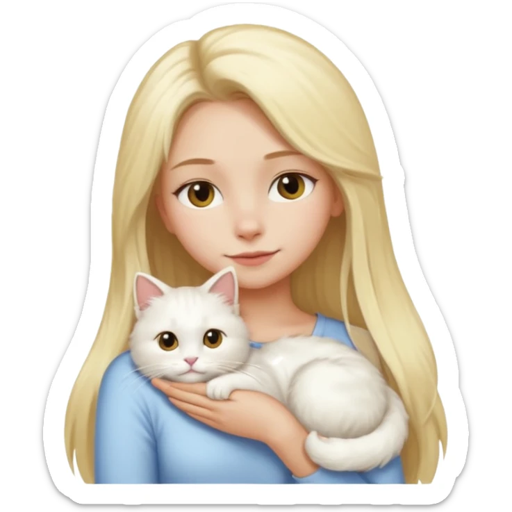 a girl with long blonde hair and a white fluffy cat resting on her left shoulder, emoji style sticker