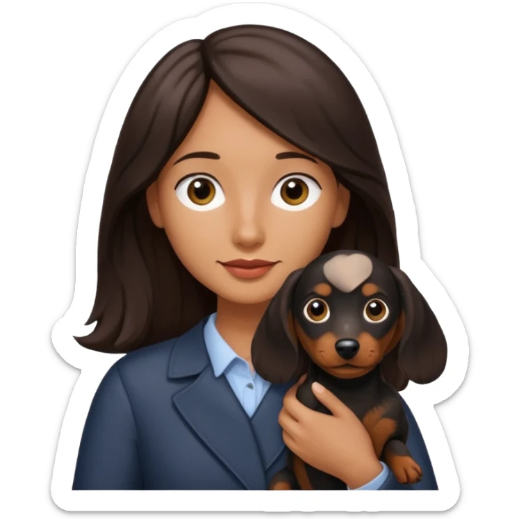A dark brown long haired a lil bit wavy hair holding a daschund dog black sticker