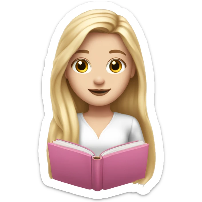 white girl, long long blonde hair, pink book in hand, white dreas sticker