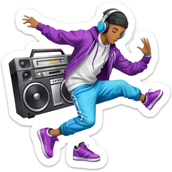 Icon for Street Dance: a dancer in urban streetwear performing a dynamic lower breakdance move, with a spray-painted background, headphones, and a boombox on the asphalt. The icon should capture the energy, style, and creativity of street dance culture. Transparent background. sticker