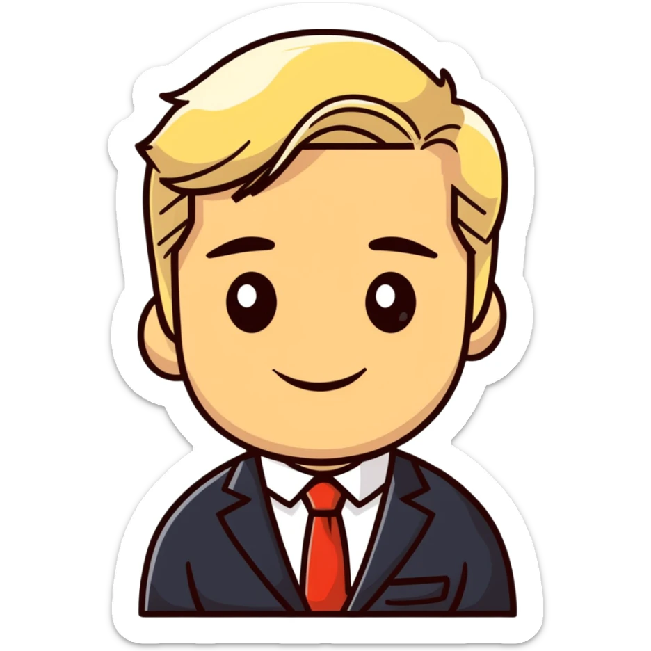 Oleg Tinkov, smiling, blond hair, wearing a business suit sticker