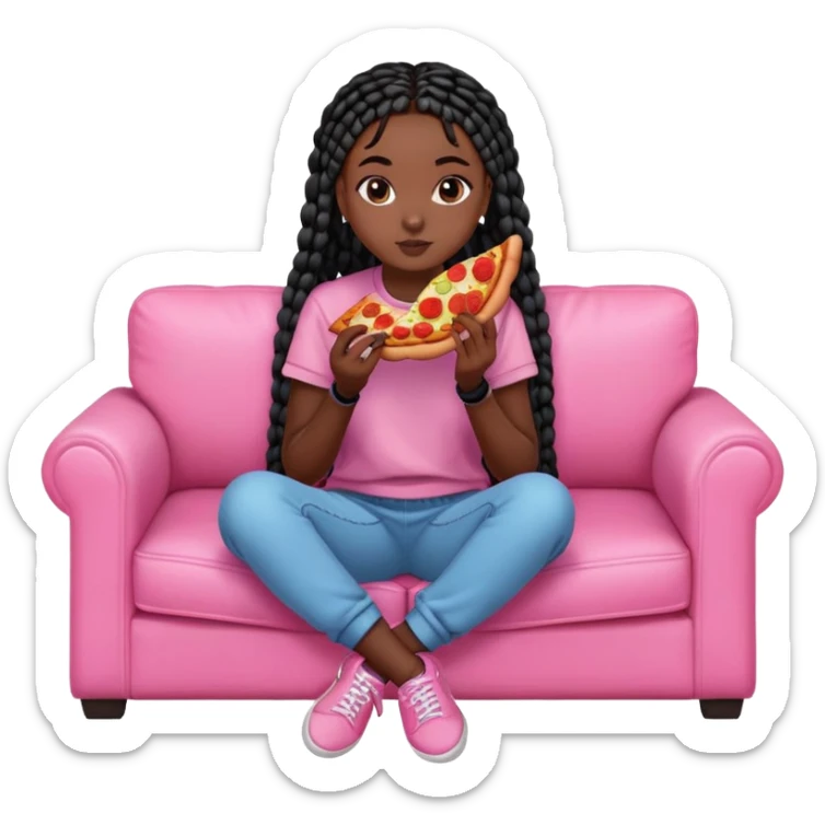 A dark skinned black girl with black box braids eating pizza, on a pink couch in comfy outfit sticker