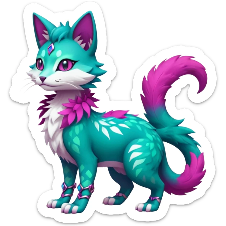 Kawaii cute colorful iridescent dark-turquoise-green and magenta and white beautiful pretty elegant divine edgy feline-vernid-sergal-Fakémon-Pokémon-fursona-animal-creature with accessories, full body, with intricate detailed markings sticker