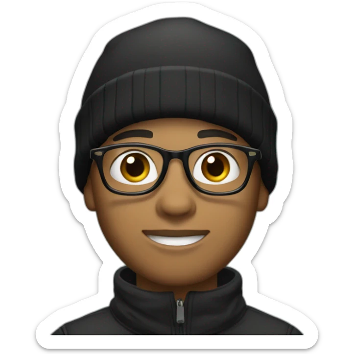 A young man wearing glasses, his skin is very light brown, and he is wearing a black winter hat and a black winter shirt as well sticker