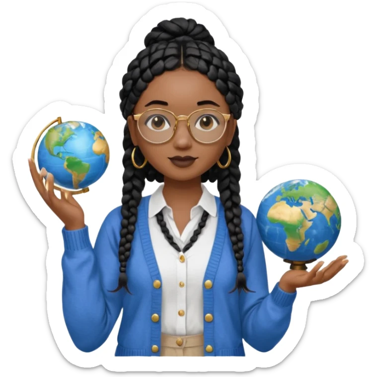 a-young-woman-wearing-fine-gold-round-glasses-and-black-hair-in-several-box-braids,-she-has-light-black-skin,-and-she's-wearing-a-white-shirt-with-an-blue-cardigan-on-top.-she's-holding-a-globe-in-one-hand.png sticker