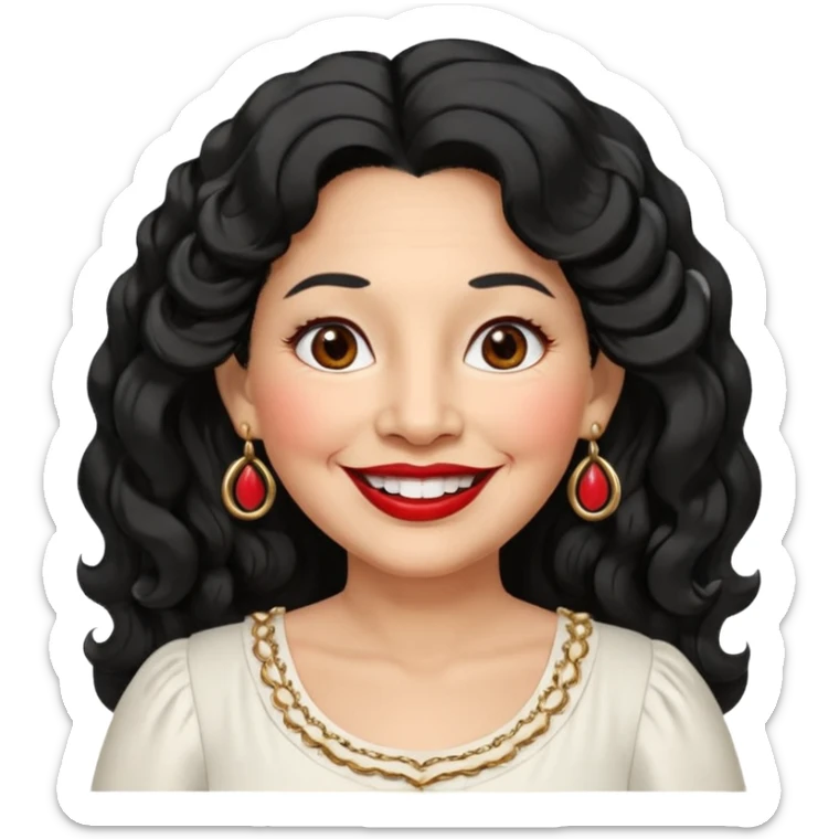 60 yr old peruvian woman, slightly chubby, wavy/curly long black hair, red lipstick, big smile, white teeth, brown eyes, hoop earings, side part to hair, round face, pretty white dress, hair side swept, big hoop earing sticker