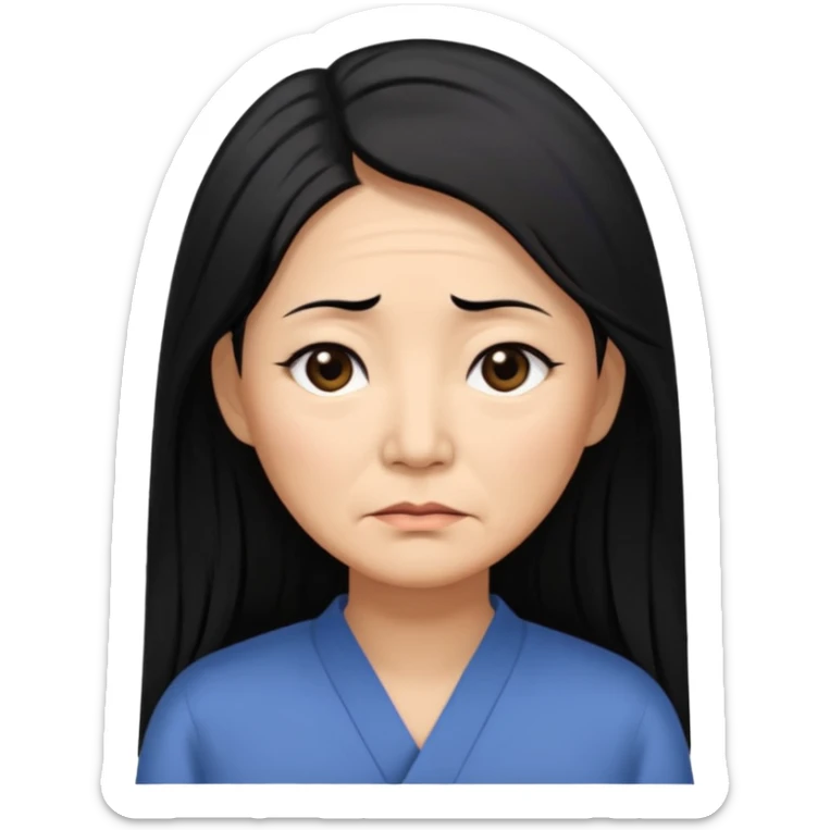 50 yr old asian woman, straight thick long black hair, big black, side part, tired sticker