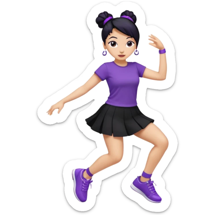 Mujer bailando con zapatillas violeta, pollera negra y remera violeta, mujer con pelo negro y recogido sticker