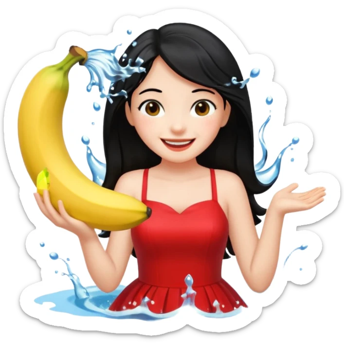 a water splashing banana above a girl with black hair and red dress sticker