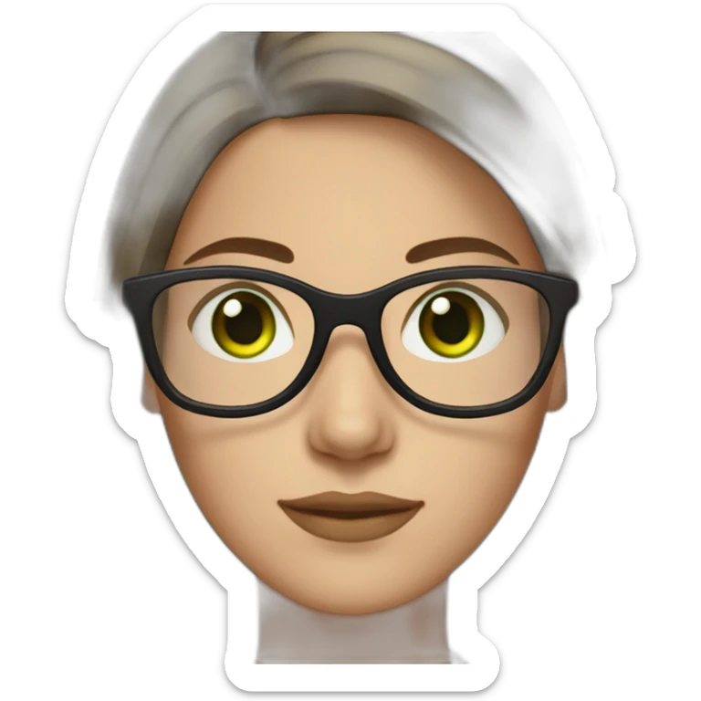 White woman with long dark brown straight hair and green eyes using glasses writing sticker