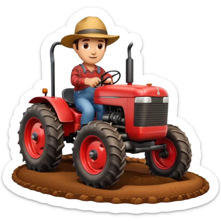 A 3D cartoon red tractor in a farmland setting, with plowed soil and crops in the background, smooth reflections, detailed tires, warm daylight, Memoji-style realism. sticker