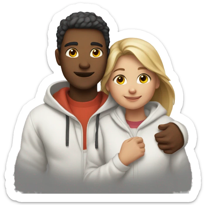 An emoji of a man wearing a white hoodie, standing next to his sister. He is hugging her warmly, showing a close sibling bond sticker